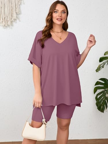Image of AusLook Women's Plus Size 2 Piece Short Outfits Set Short Sleeve Tops and Shorts Pants Lounge Jogging outfits Matching Set
