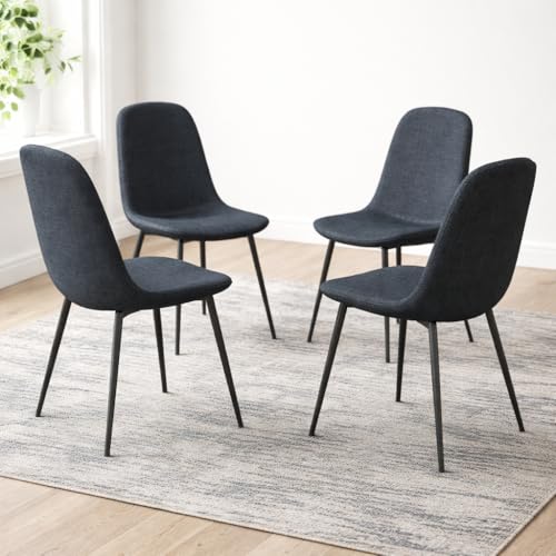 Image of 35 inch Round Dining Table Set with 4 Upholstered Fabric Chairs, Modern Wood Top Kitchen & Dining Room Table Set, Black Metal Legs for Apartment - Black