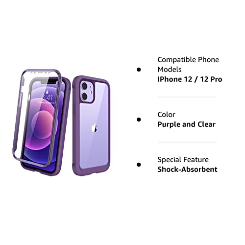 Diaclara Designed For Iphone 12/12 Pro Case, Full Body Rugged Case With Built-In Touch Sensitive Anti-Scratch Screen Protector, Soft Tpu Bumper Case For Iphone 12/12 Pro 6.1" (Purple And Clear) #TOP7