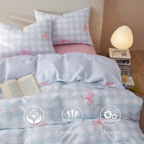 Image of Girls Duvet Cover Set Full Size Pink Bowknot and Blue Gingham Printed Design,Cozy Bedding Set 3pcs Simple and Elegant Style,Microfiber Comforter Cover with Zipper Closure and 2 Pillowcases
