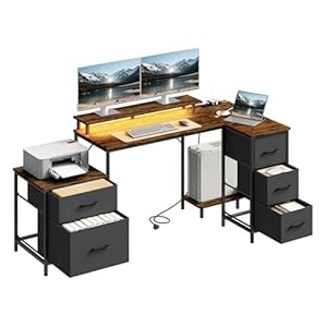 WOLTU Gaming Schreibtisch L Form mit 5 Schubladen und 2 Ablagen, Eckschreibtisch Gaming Tisch mit USB-Ladeanschluss & Typ-C, 2 Steckdosen und LED-Beleuchtung, für Büro Homeoffice, Rustikales Braun