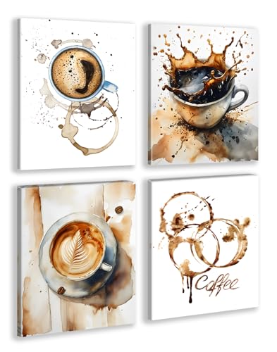 Framed Coffee Print Wall Art Set of 4, Watercolor Brown