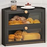 JANSNIMEN Black Corner Bread Box for Kitchen Countertop, Large Bread Container Storage Bamboo Wooden Farmhouse Bread Box with Window Bread Holder