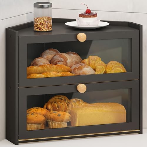 Black Corner Bread Box with Bamboo Window