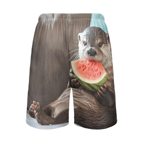Mens Sleep Shorts Otter with Watermelon Print, Elastic Pajama Short Pants with Pockets Drawstring S2