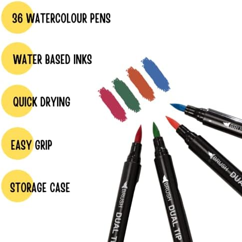 HTI Fairfax & Co Dual Tip Watercolour Pens | 36 Piece Premium Quality Coloured Dual Tip Brush Pens in Storage Case Watercolour Brush Pen Set, Blendable, Water Based Ink Adults Drawing and Sketching
