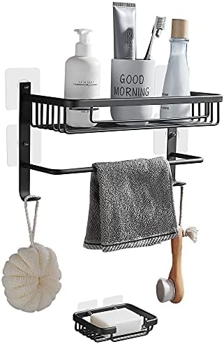 DUFU Shower Organizer No Drilling Storage Bathroom Shelves Organizers Self Adhesive Rustproof Space Aluminum Shower Shelf Wall Mounted with Soap Holder Black