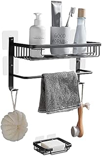 DUFU Shower Organizer No Drilling Storage Bathroom Shelves Organizers Self Adhesive Rustproof Space Aluminum Shower Shelf Wall Mounted with Soap Holder Black