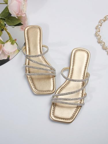 Image of GORGLITTER Women's Rhinestone Wedding Flat Sandals Sparkly Strappy Glitter Dressy Slip on Bling Bridal Prom Cute Slide Shoes