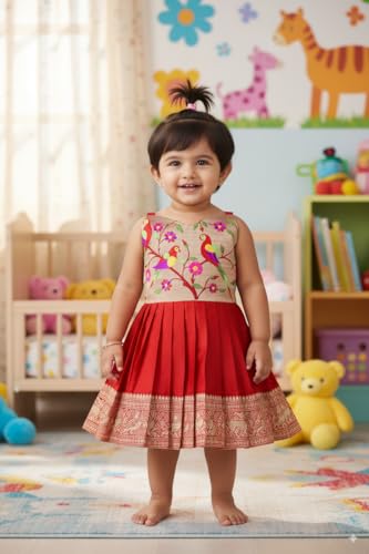 Image of South Indian Traditional Pattu Pavadai Jacquard Frock Dress for Baby Girls