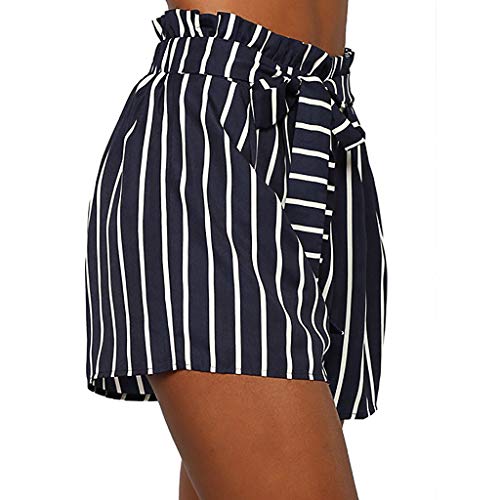 Topunder Women Stripe Printing Sashes Pocket High Waist Bandage Easy Elastic Short Pants #TOP2