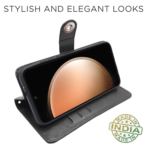 Image of Pikkme Samsung Galaxy S23 FE 5G Flip Cover Leather Finish | Wallet Stand and Shock Proof | Inside TPU with Card Pockets | Complete Protection Button Flip Case (Black)