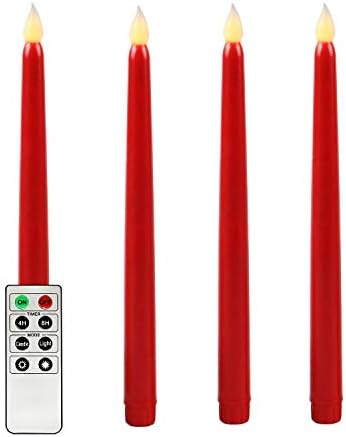 Rhytsing Red 27.5cm Flameless Taper Candles with Timer, Battery Operated Candles, Smooth Wax Finish, Warm White LED, Remote & Batteries Included - Set of 4