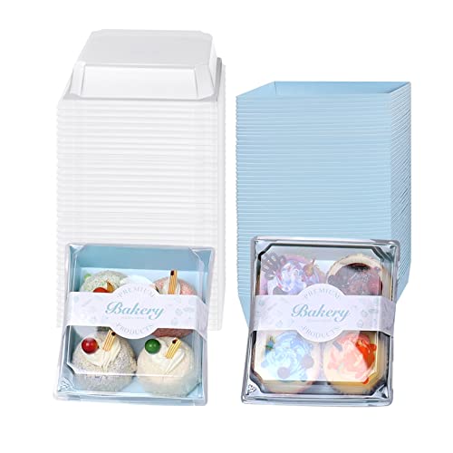DeziWood 50 Pack Paper Charcuterie Boxes, 5.3x4.9x2.5 Inches Square Disposable Food Containers, Bakery Boxes with Clear Secure Lids for Sandwich Slice Cake Cookies (Blue)