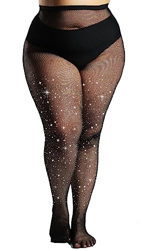 MERYLURE Indestructible Ultra Sparkly Tights for Women, Rhinestone Fishnet Party Stockings for Women, Jeweled Plus Size