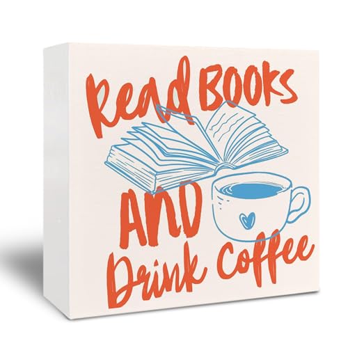 Kneaotoaji Reading Book Wooden Sign - Funny Bookish Gifts for Women Men, Book Lovers Decor, Read Books and Drink Coffee Wooden Sign for Home Office Cafe Shelf Decoration, 5x5 Inch
