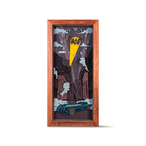 Batman Night 3D Wall Clock - Unique Collectible Wooden Clock, Silent Large Modern Rustic Decorative Home Decor for DC Fans (Reddish Brown, M)