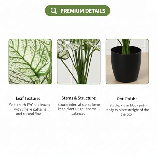 Image of Artificial White Dieffenbachia Plant with Black Pot - 65 cm Tall Faux Tropical Decorative Plant for Home, Office, Balcony & Living Room Decor