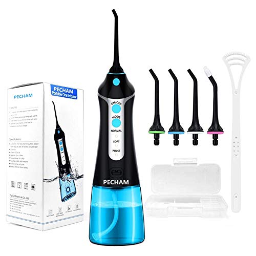 PECHAM - Hilo dental portátil para dientes (300 ml, 3 modos, 4 puntas de chorro y limpiador de lengua, ayuda a limpiar profundamente, recargable por USB para viajes en casa