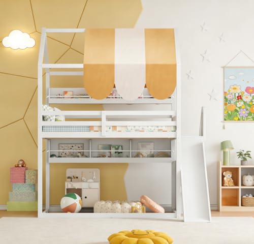 Image of Bellemave Bunk beds Full Over Full with Slide and Stair and Bookshelf House roof Design, Low bunk /loft Bed for Kids,White