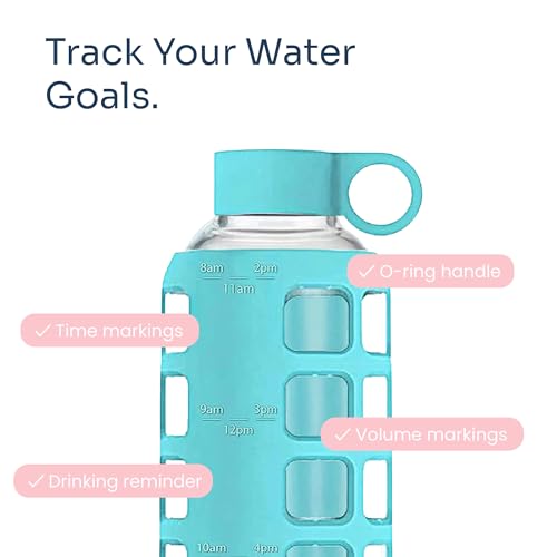 Image of purifyou 40oz / 32oz / 22oz / 12oz Borosilicate Glass Water Bottle with Time & Volume Markers, Silicone Sleeve, Stainless Steel Lid | Reusable Glass Bottle for Water & Juice (22oz Aqua Blue)