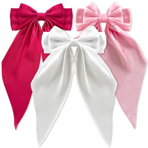 Silky Satin Hair Bows, Oversized Long Tail Bows with Barrette Clips, Coquette Hair Accessories for Women and Girls (Hot Pink Light Pink White)