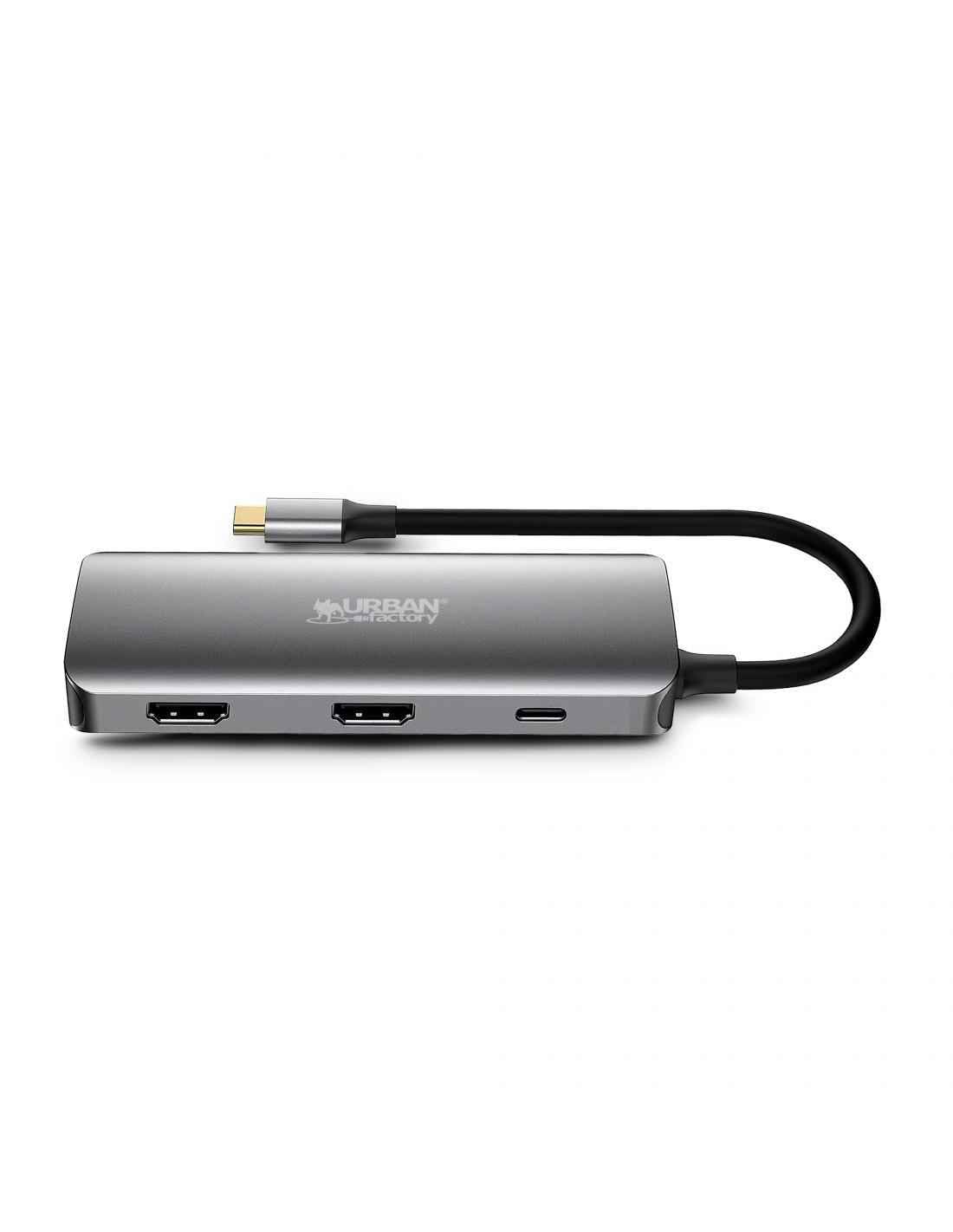 Urban Factory HUBEE Hub USB-C 7 en 1 – 2 HDMI 4K 30Hz, 3 USB-A 3.0, Ethernet RJ45 1Gbps, USB-C Power Delivery 100W, Adaptateur Multiport PC Mac Laptop