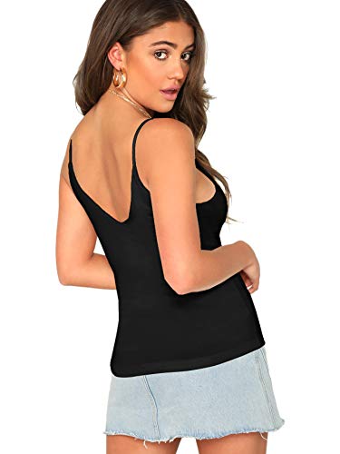 Shein Women's Casual Basic V Neck Sleeveless Stretchy Regular Length Cami Tank Top Spaghetti Strappy Cami Tops Black Medium #TOP1