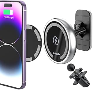 Magnetic Wireless Car Charger Mount MAGJIEYX Compatible with Magsafe iPhone 14 Pro Max,13, 12, Pro Max, Mini,Airpods3,15W Fast Charging,Stick On Car Dashboard and Air Vent Car Phone Holder (Silver)