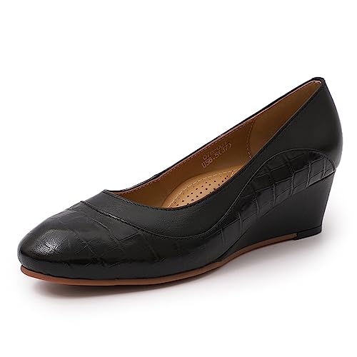 Image of Mona flying Women's Leather Closed Toe Mid Heel Wedges Comfy Dress Pumps
