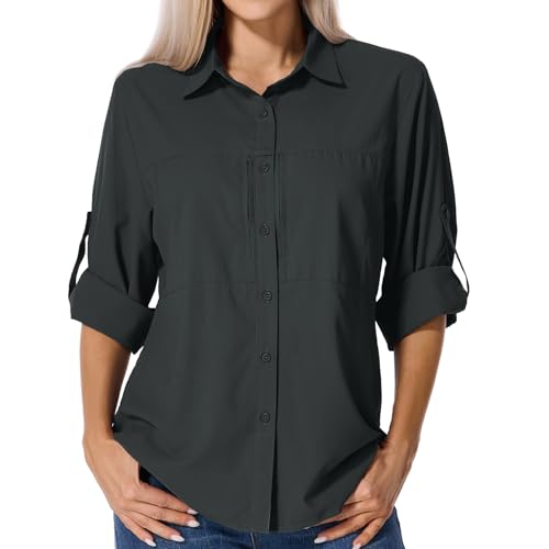 Asfixiado Shirts Damen UV Shirt UPF 50+ Safari Kleidung Wanderbluse Damen Hemdbluse Outdoor atmungsaktiv Quick Dry Sonnenschutz Langarmshirt Bluse, negro y gris, M