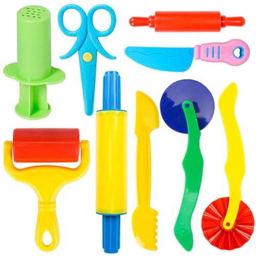 Juego de herramientas para amasar para niños, 9 piezas, con rodillo, tijeras para niños, extrusora, cuchillo de plástico