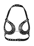 CHICTRY Damen Brust Harness BH Büstenhalter Wetlook Kunstleder Körpergeschirr Brustgurte Nieten Ouvert BH Punk Kostüm mit Metall Kette Schwarz Einheitsgröße