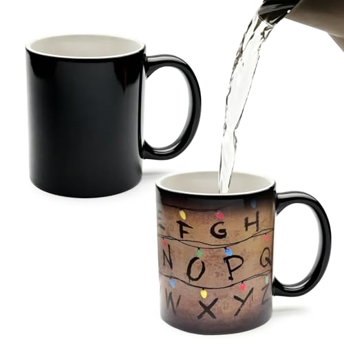 Image of Nhemeylp Stranger Colorful Lights 11oz Thermochromic Mugs Tea Cup, Rustic Alphabet Heat Change Mug for Coffee & Milk Tea- Message Appears As It Heats - Unique Gift for Women Men