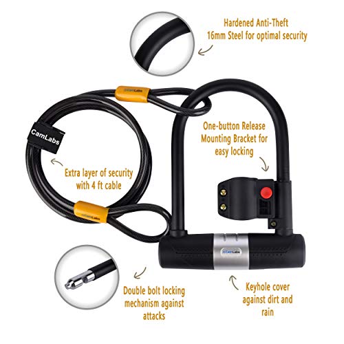 image for CamLabs - U Lock Bike Lock | Key Lock Bike Lock with Anti Theft Cable 