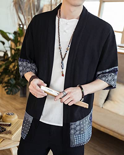 Men's Japanese Kimono Cardigan Loose Cotton Linen 3/4 Sleeve Open Front Casual Summer Shirt Jackets Black X-Large #TOP4