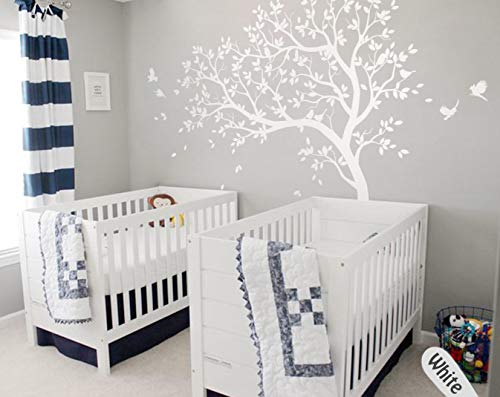 Large Tree Wall Decals Nursery Tree Stickers With Birds Stunning Tree Wall Art Mural Vinyl Wall Decor Kw032 (Leaning Left, White) #TOP3