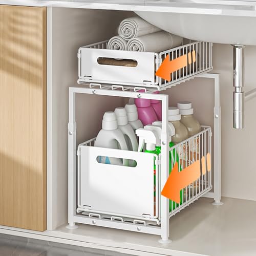 HABITELLO Étagère de Rangement Sous Évier en Métal 2 Niveaux, Tiroir Coulissant Organisateur Placard Cuisine Salle de Bain, Rangement Gain de Place Plan de Travail