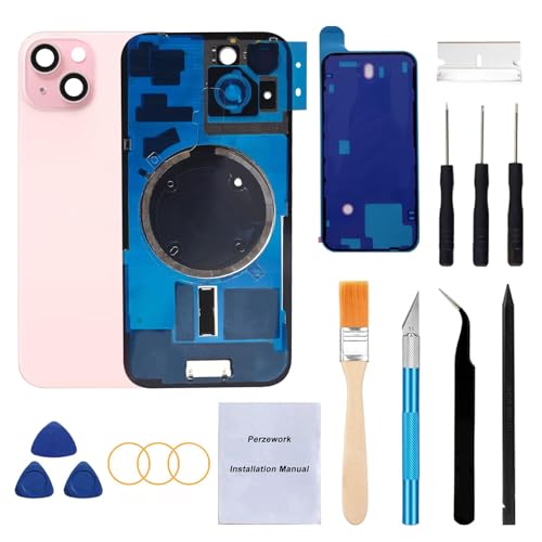 Perzework Rear Back Glass Replacement for iPhone 15 6.1-inches + Pre-Installed Plate and Camera Frame and Lens + Reparing Tool Kit (Pink)