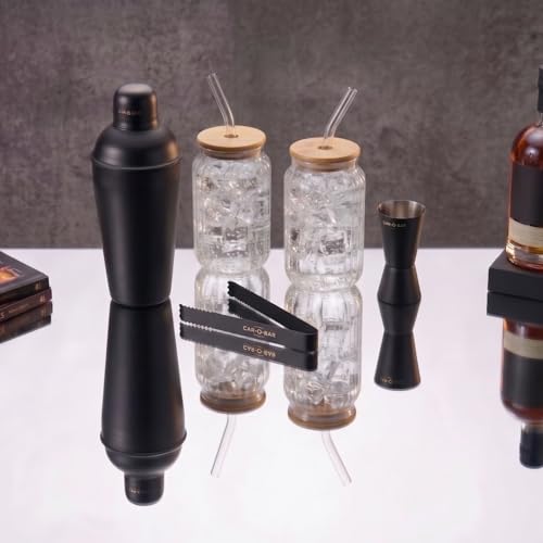 Image of Car-O-Bar Black Bar Set with Glasses Gift Set | 5 Pieces Bartender Kit:Cocktail Shaker, Jigger,Ice Tong, Set of 2 Cocktail Sippers
