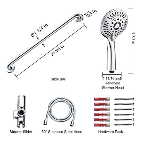 Bright Showers Stainless Steel Grab Bar Set – Includes Handheld Shower Head With Extra Long Hose, Shower Head And Hose Chrome Plated #TOP6
