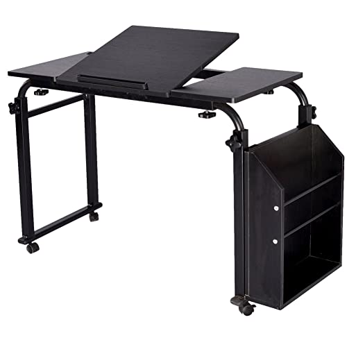 E-FINDS ベッドテーブル サイドテーブル 伸縮可能 おしゃれ 介護テーブル 昇降サイドテーブル カフェテーブル ソファサイド 介護支援 介護 介護用品 病院 サイド 昇降 プレゼン キャスター 消毒液台 アルコール (サイド収納付き-ブラック)