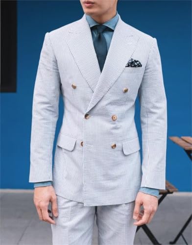 Men's Seersucker Suit 2 Piece Double Breasted Suits for Men Slim Fit Beach Wedding Striped Summer Casual Suit2