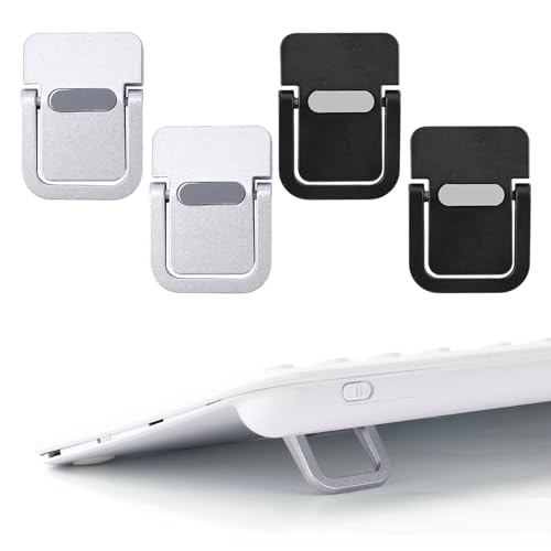 Penitue 4pcs Mini Keyboard Riser, Self-Adhesive Portable Small Laptop Tilt Stand Zinc Alloy Lifter Feet Foldable & Invisible Computer Notebook Holder Leg Lift Accessories for Desk (Silver, Black)