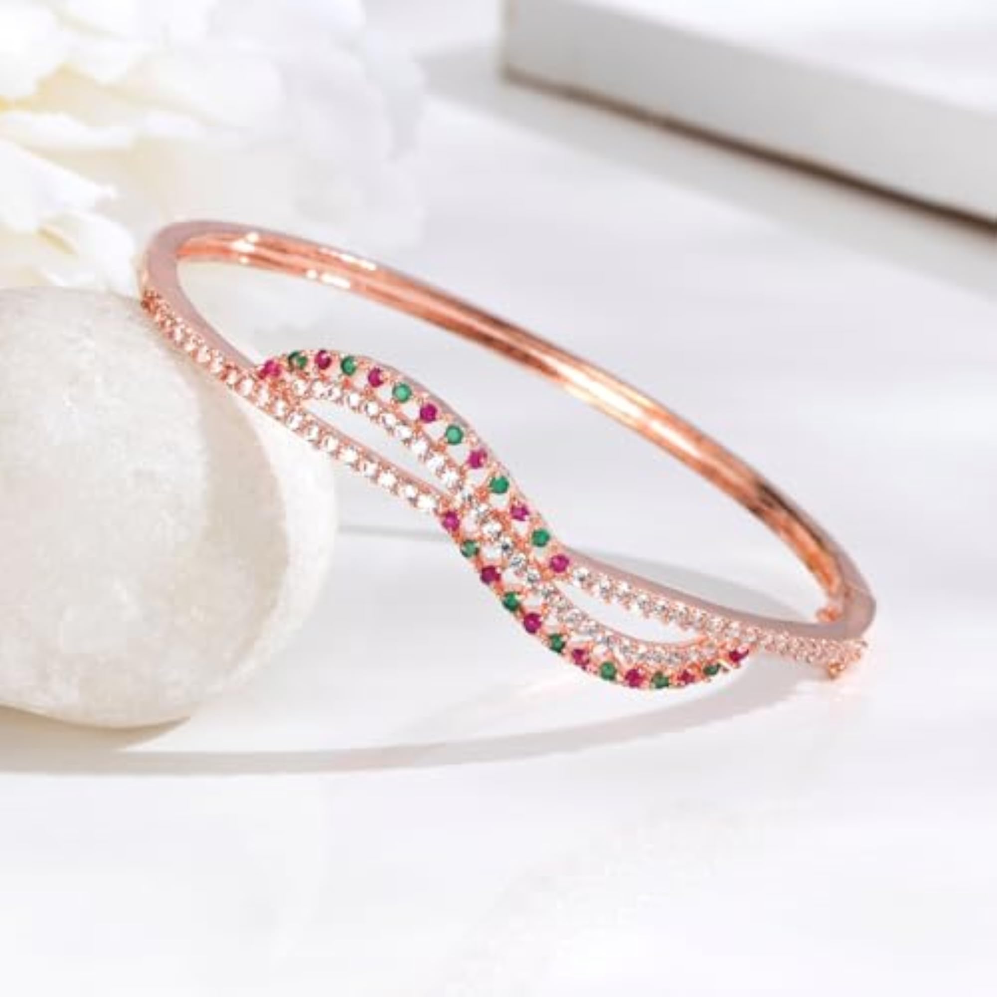 925 Silver Brilliance CZ Stones Rose Plated Cuff Bracelet