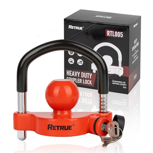 Image of RETRUE Universal Trailer Ball Lock Hitch Coupler Locks Fits 1-7 /8 Inch, 2 Inch, 2-5 /16 Inch Couplers Adjustable Security with Weatherproof Cover and Cap, Red
