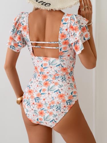 Image of Eomenie Women's Tummy Control One Piece Swimsuit Ruffle Square Neck Bathing Suit Ruched Cutout Back Slimming Swimwear