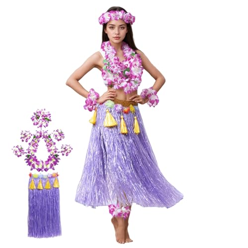 Costume hawaïen pour femmes comprenant jupe d'herbe souple et bracelets fleuris