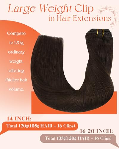 Image of Sunny Hair Clip in Hair Extensions Real Human Hair Brown 14inch 120g | Brown Hair Clip in Extensions Give a Natural Full Looking Result, Dense Body and Polished Texture for Daily Comfort 14 Inch