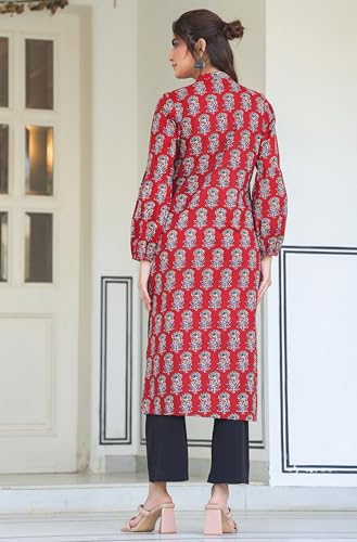 Image of Janasya Women's Maroon Pure Cotton Floral Print Flared Kurta